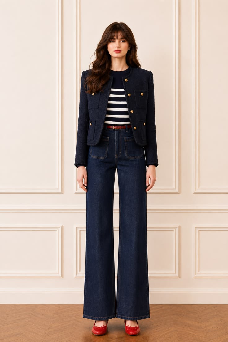 Parisian autumn outfit with a navy tweed jacket, Breton striped top, dark wide-leg jeans, red belt, and red ballet flats.