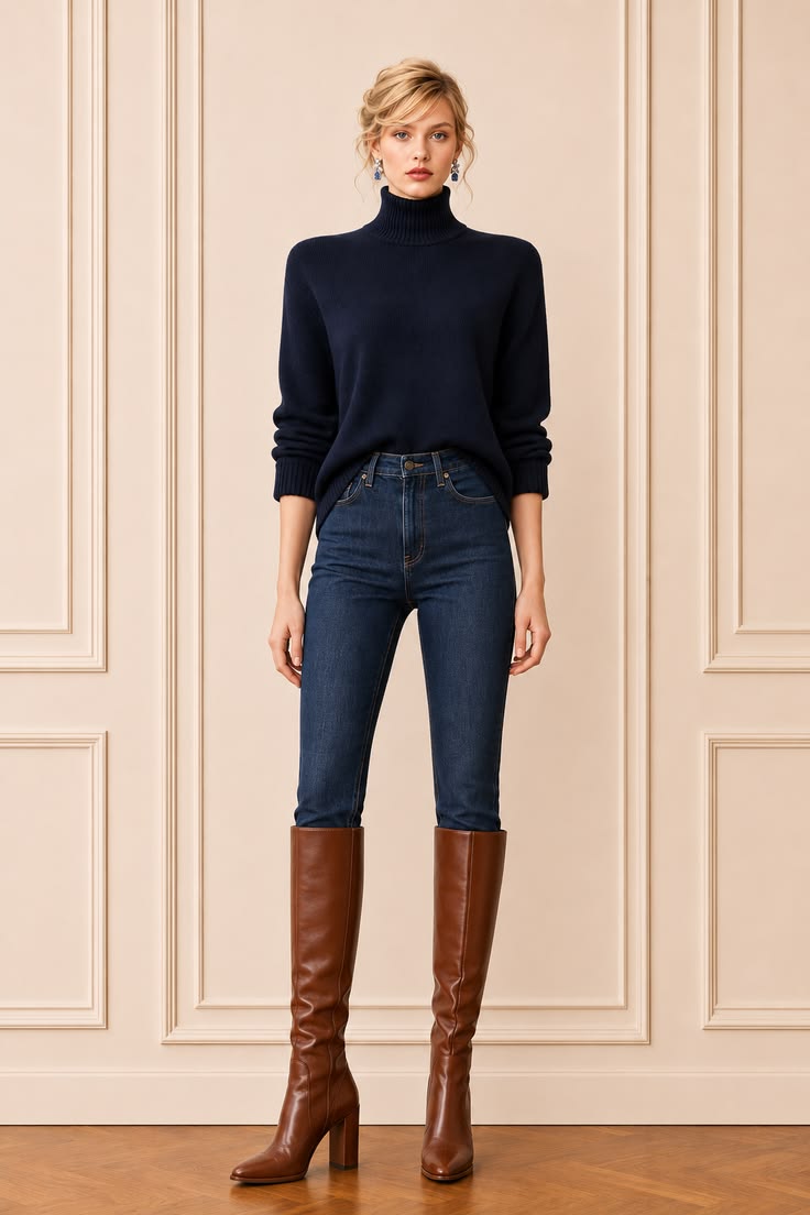 Parisian autumn outfit with a navy turtleneck sweater, dark slim jeans, and cognac brown knee-high leather boots.