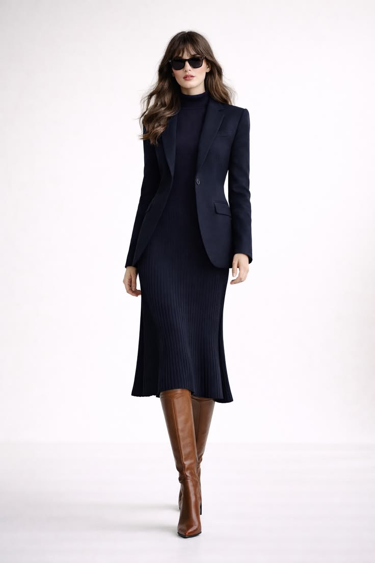 Parisian autumn outfit with a navy ribbed midi dress, tailored navy blazer, brown knee-high boots, and black sunglasses.