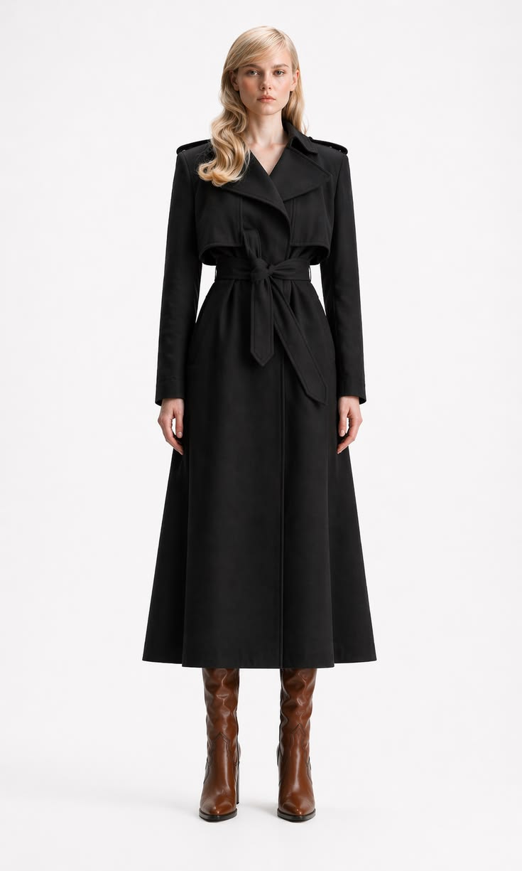 Parisian winter outfit with a long black belted trench coat and cognac brown knee-high leather boots.
