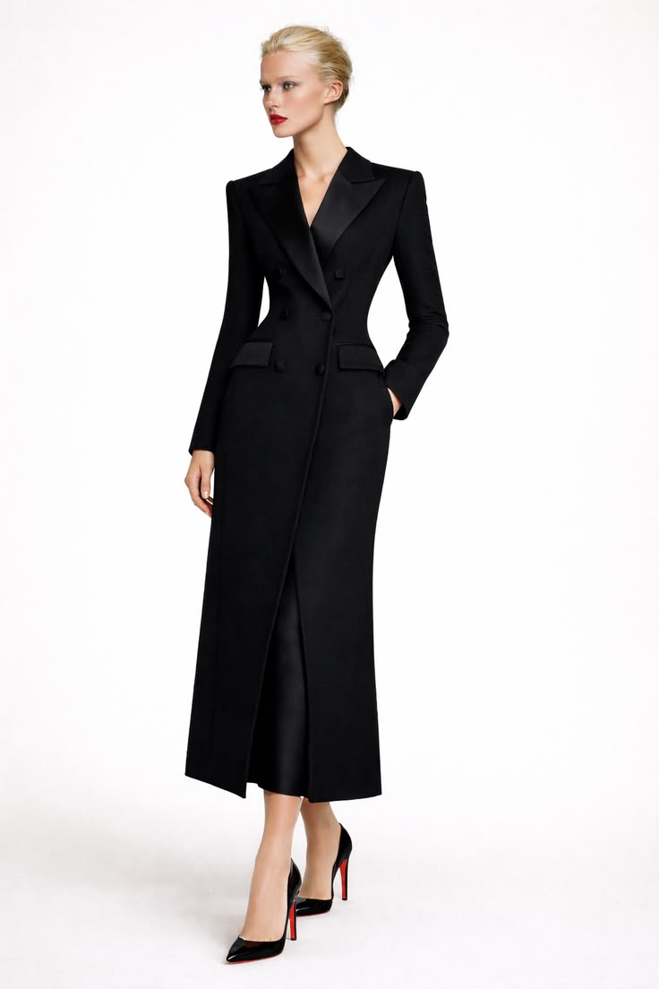 Elegant Parisian winter outfit with a long black double-breasted tailored coat dress and black pointed pumps.