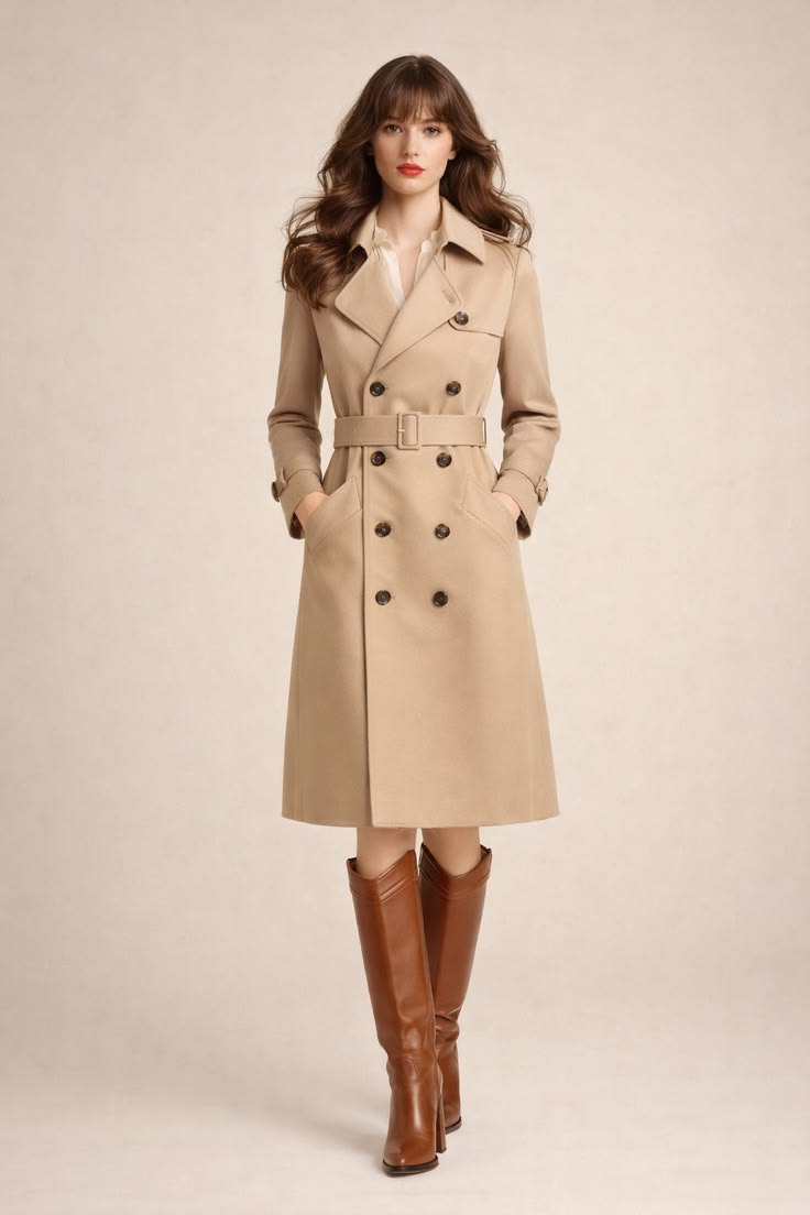 Parisian winter outfit with a belted camel trench coat, ivory blouse, and cognac brown knee-high leather boots.