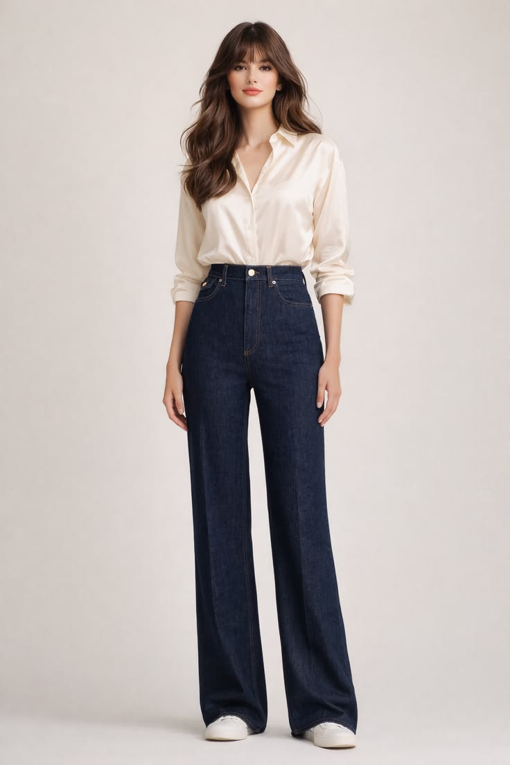 Relaxed ivory button-down shirt styled with dark wide-leg jeans and clean white low-profile shoes.