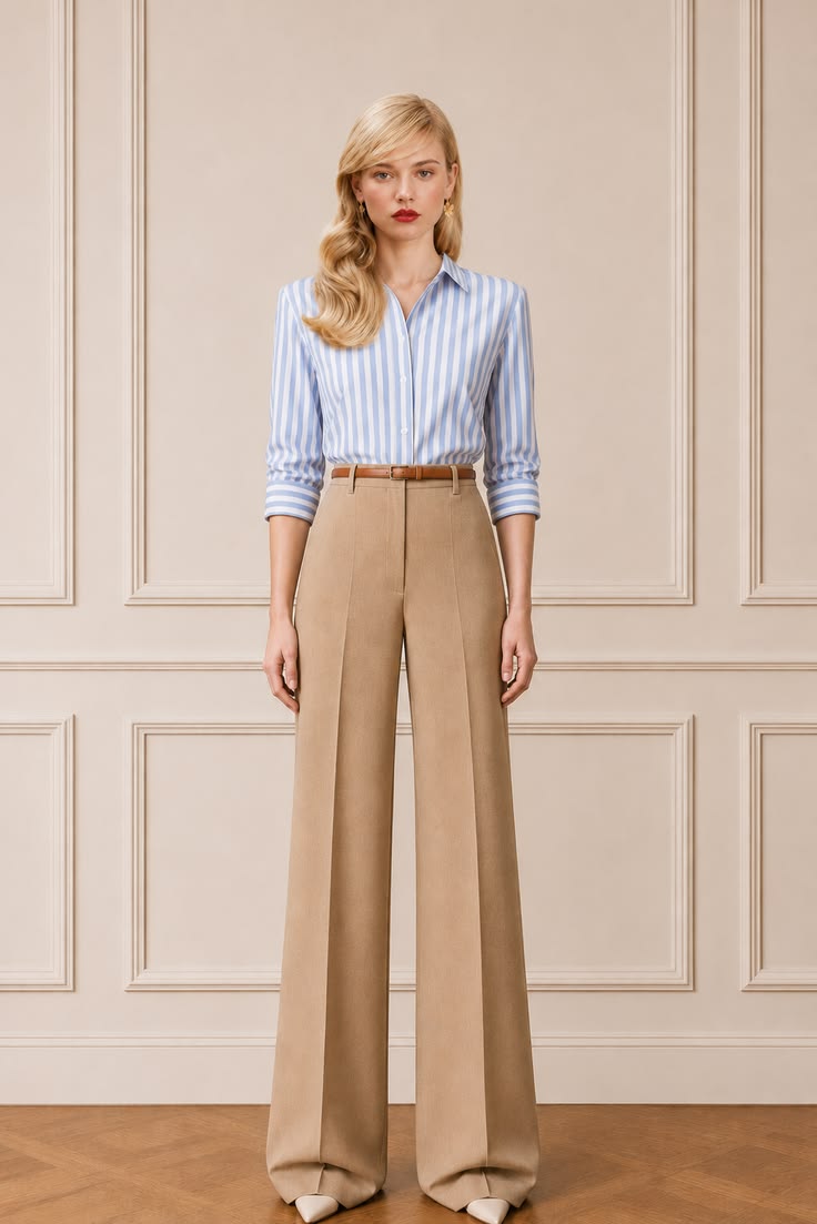 Blue striped button-down shirt tucked into camel wide-leg tailored trousers with a slim brown belt.