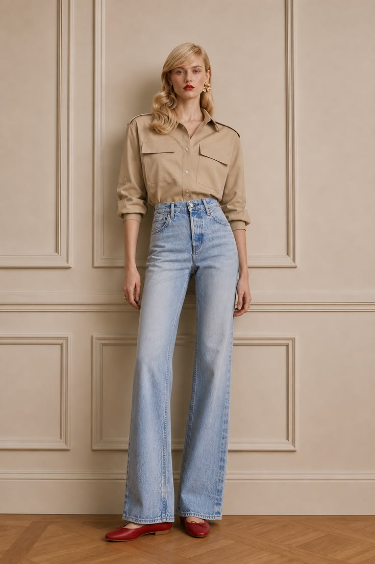 Neutral button-down shirt worn with clean light-wash straight-leg jeans and red ballet flats.