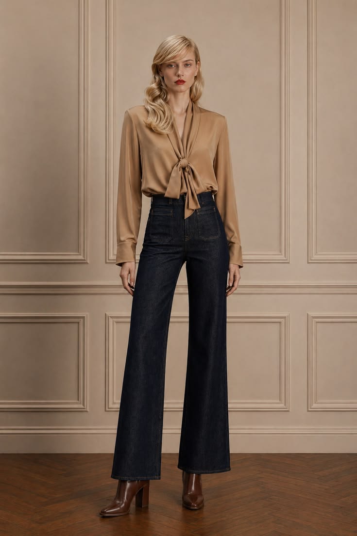 Camel tie-front shirt styled with cropped dark jeans and low-heeled brown ankle boots.