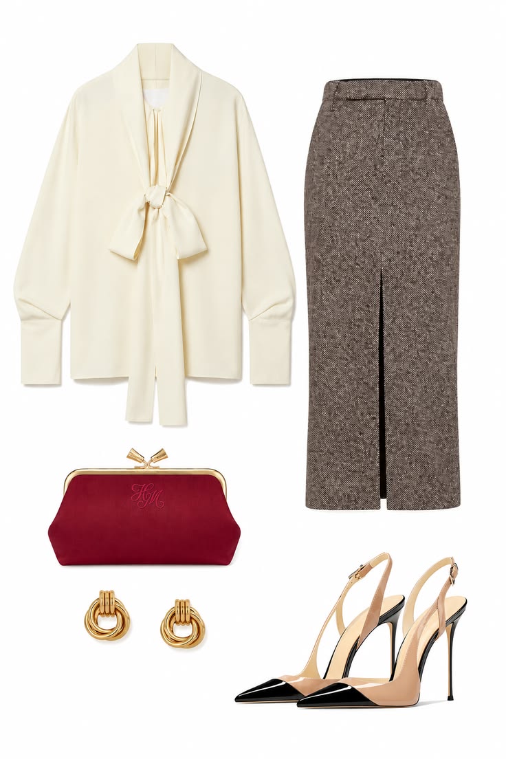 Brown textured pencil skirt with a front slit, ivory tie-neck blouse, burgundy clutch, gold earrings and two-tone slingback pumps