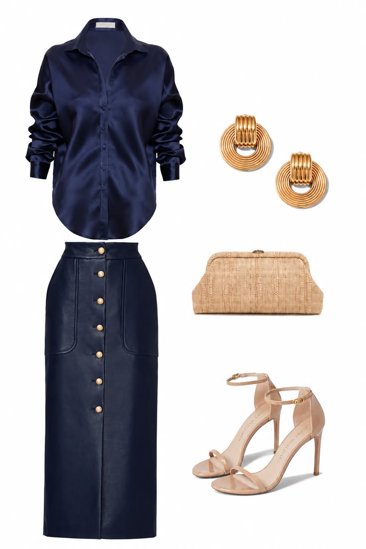 Navy satin button-down shirt with a structured navy button-front midi skirt, gold earrings, raffia clutch and nude ankle-strap heels