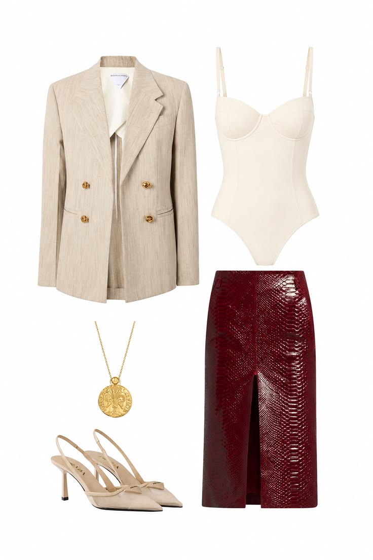 Neutral double-breasted blazer with an ivory bodysuit, burgundy textured pencil skirt, gold pendant and nude bow slingback pumps