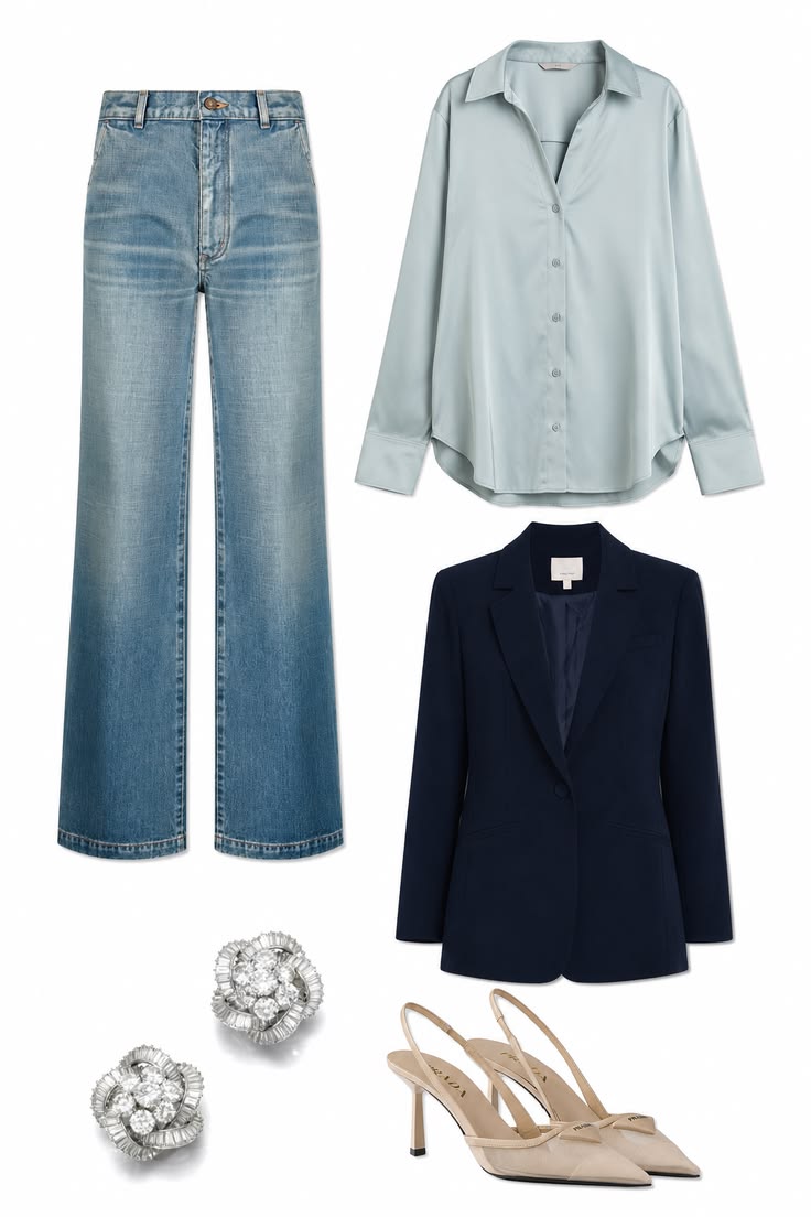 Light-wash wide-leg jeans with a powder-blue satin shirt, navy blazer, crystal stud earrings and nude bow slingback pumps