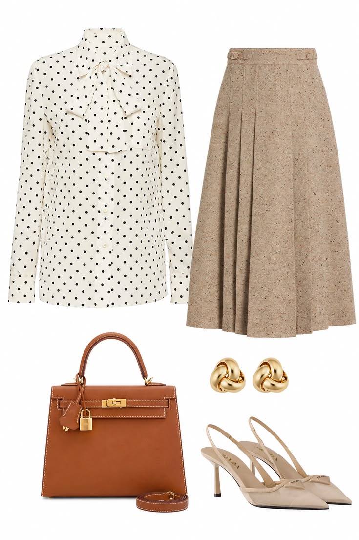Ivory polka-dot bow blouse with a beige pleated midi skirt, structured brown top-handle bag, gold earrings and nude slingback pumps