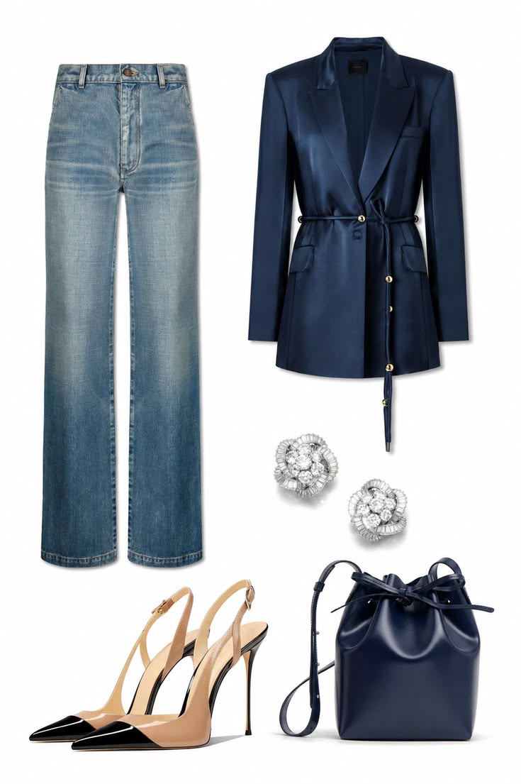 Belted navy blazer with light-wash wide-leg jeans, crystal stud earrings, navy bucket bag and two-tone slingback pumps