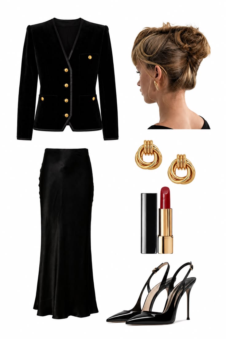 Black satin midi skirt with a structured black gold-button jacket, polished updo, gold earrings, red lipstick and black slingback pumps