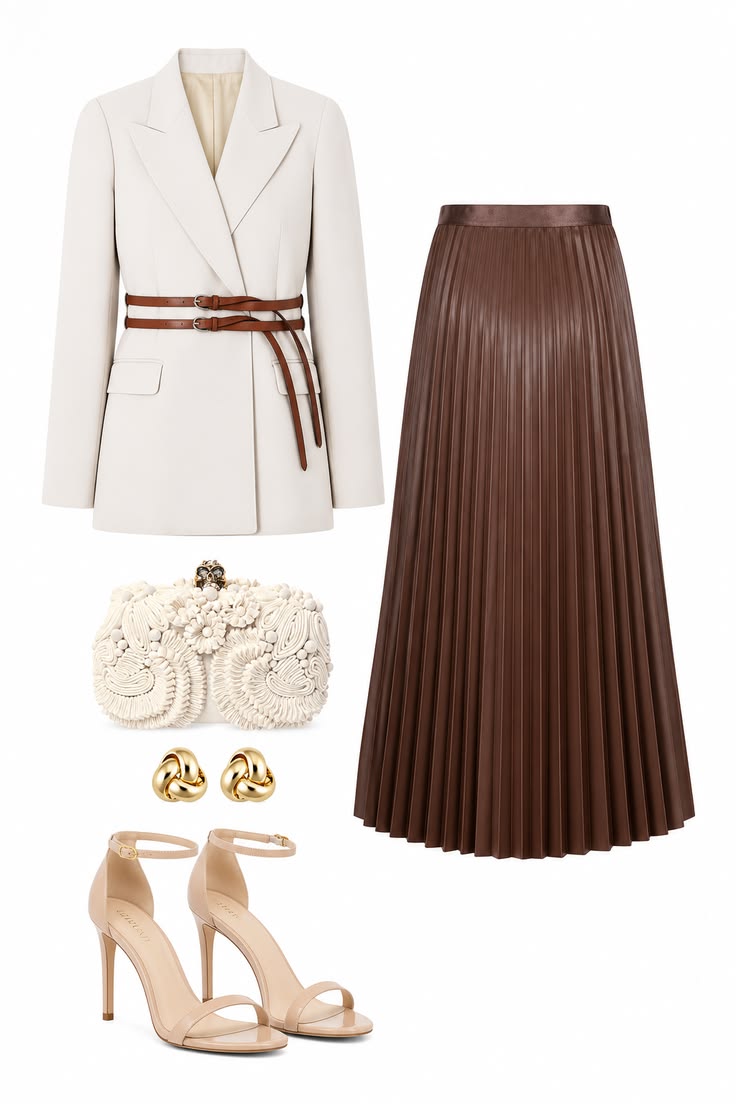 Chocolate pleated midi skirt with a belted ivory blazer, cream embellished clutch, gold earrings and nude ankle-strap heels