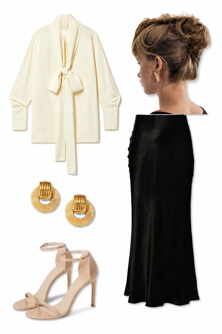Ivory tie-neck blouse with a black satin midi skirt, polished updo, sculptural gold earrings and nude ankle-strap heels