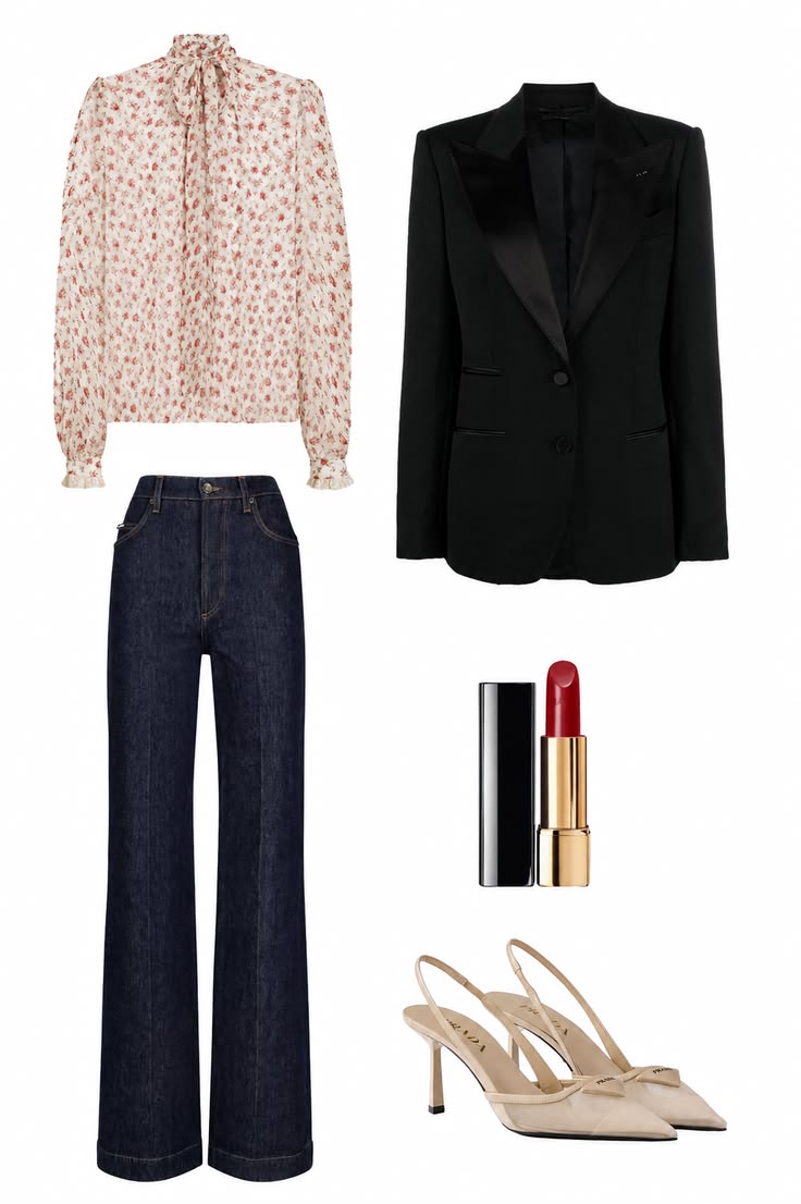 Polished workwear outfit with a floral tie-neck blouse, black blazer, dark wide-leg jeans and nude slingback pumps