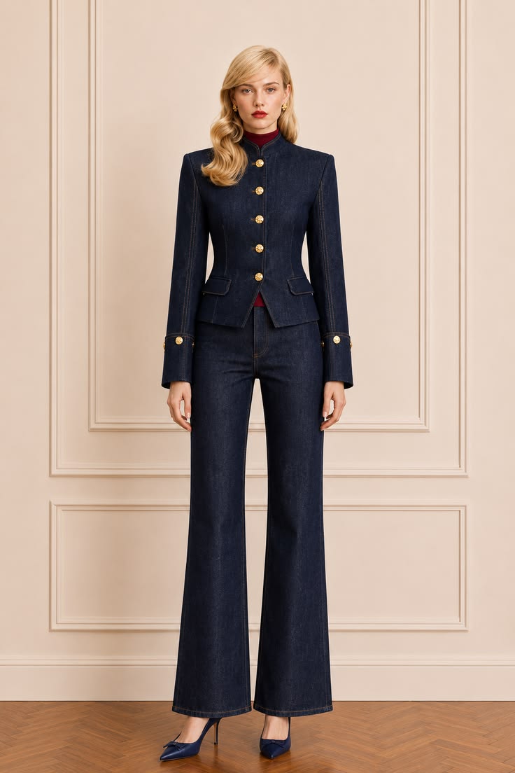 Tonal navy smart casual outfit with a fitted military jacket, gold buttons, burgundy mock-neck knit, dark wide-leg jeans, and navy pointed pumps.