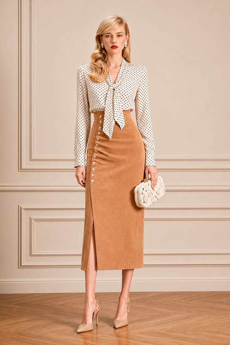 Polished smart casual outfit with an ivory polka-dot tie-neck blouse, camel button-front midi skirt, woven ivory clutch, pearl earrings, and nude pumps.