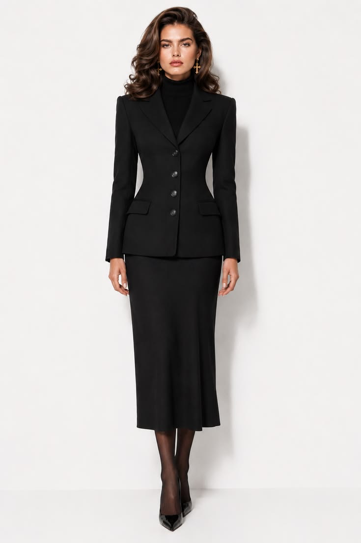 Monochrome black smart casual outfit with a fitted blazer, fine turtleneck, fluid column midi skirt, sheer tights, gold earrings, and patent pointed pumps.
