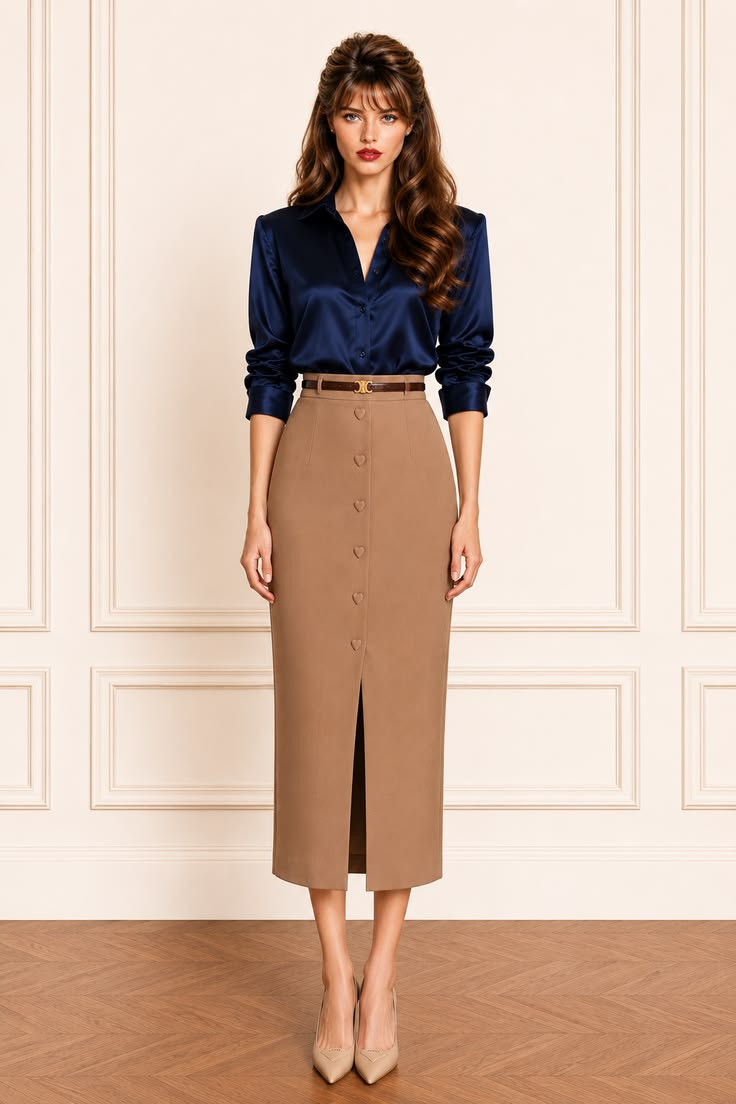 Elegant smart casual outfit with a navy satin button-down shirt, camel high-waisted button-front column skirt, slim brown belt, and nude pointed pumps.