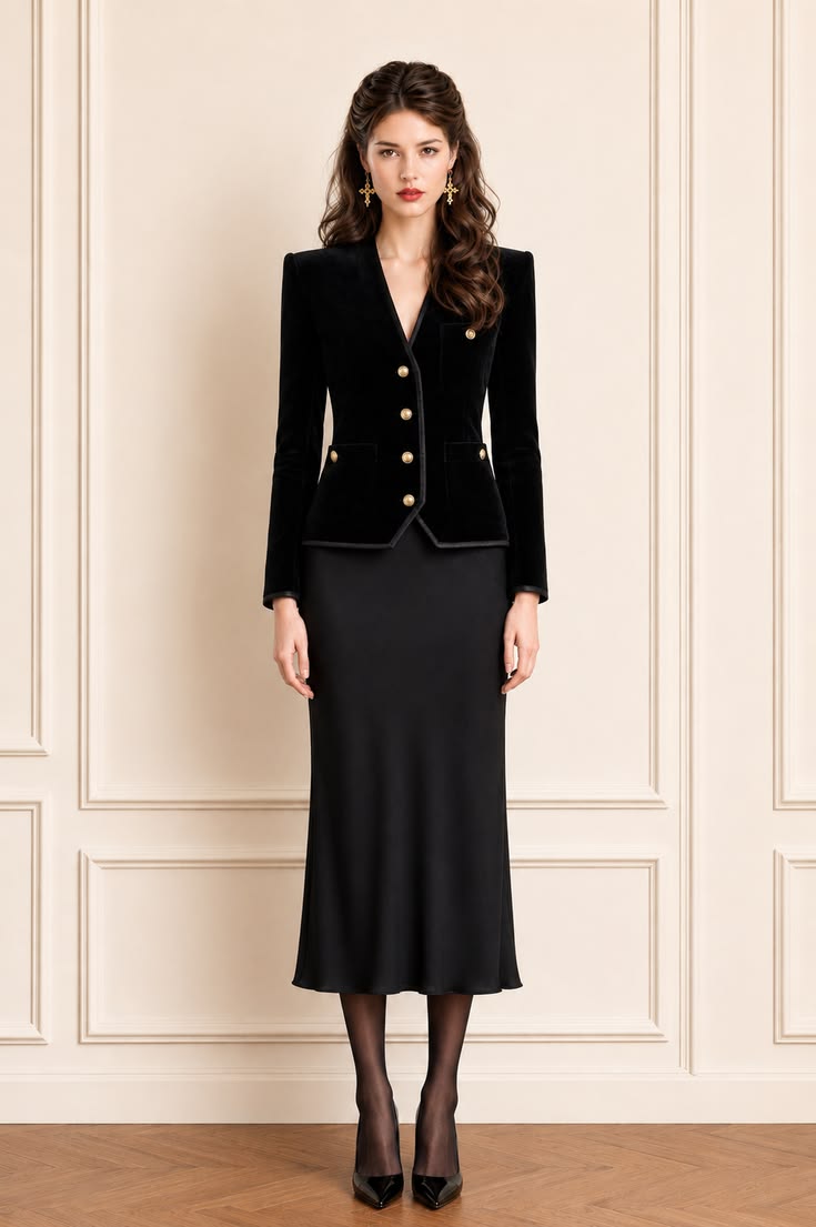 Elevated black smart casual outfit with a fitted velvet military blazer, gold buttons, fluid satin midi skirt, sheer tights, statement earrings, and pointed pumps.