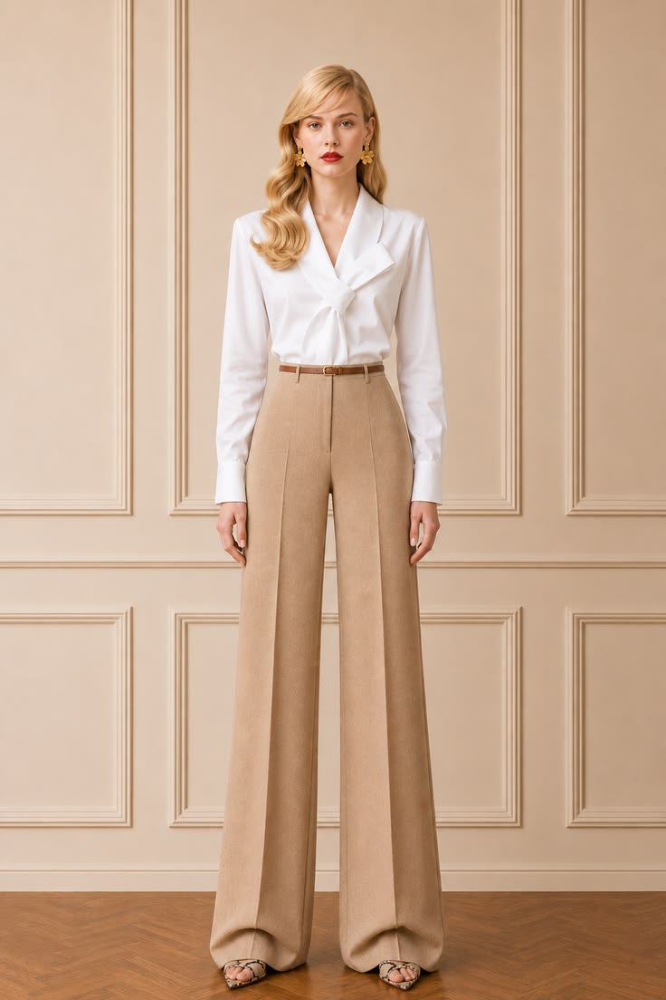 Minimal smart casual outfit with a white draped blouse, beige high-waisted wide-leg trousers, slim tan belt, gold earrings, and printed open-toe shoes.