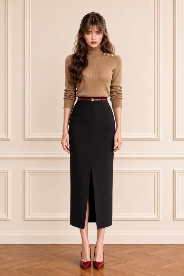 Smart casual outfit with a camel turtleneck, black midi skirt, slim red belt, and burgundy pointed pumps.