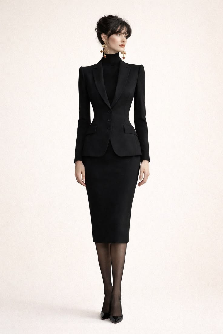 Black tailored skirt suit styled as a polished workwear essential.