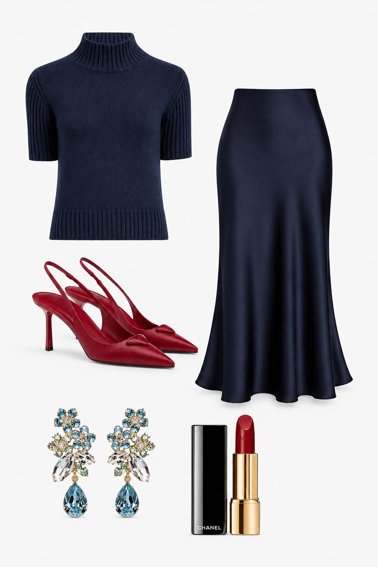 Navy satin midi skirt with a short-sleeve navy knit, red slingback heels, crystal earrings and red lipstick