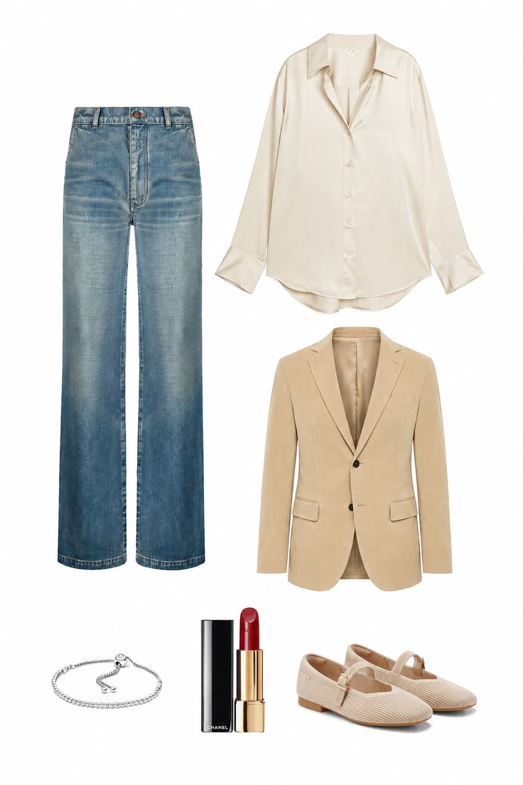 Relaxed beige blazer with an ivory satin shirt, light-wash wide-leg jeans, cream Mary Jane flats and a silver bracelet