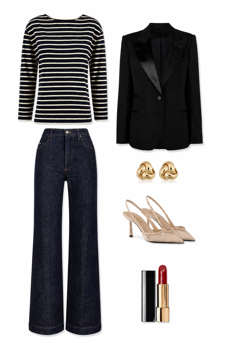 Navy and ivory Breton stripe top with a black blazer, dark wide-leg jeans, nude slingbacks and gold earrings