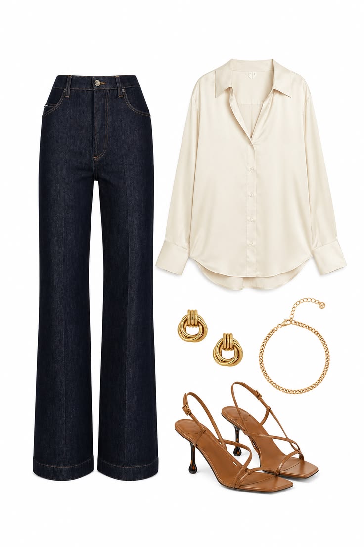 Ivory satin button-down shirt styled with dark indigo wide-leg jeans, brown strappy heels and gold jewelry