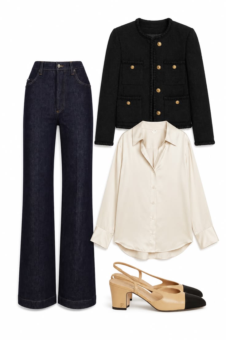 Black tweed jacket with gold buttons, an ivory satin shirt, dark wide-leg jeans and two-tone slingback shoes
