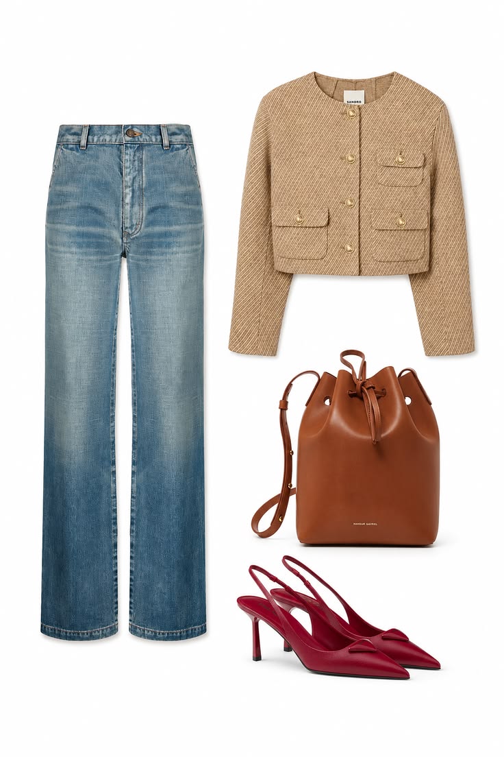 Cropped camel jacket with light-wash wide-leg jeans, a brown bucket bag and red slingback heels
