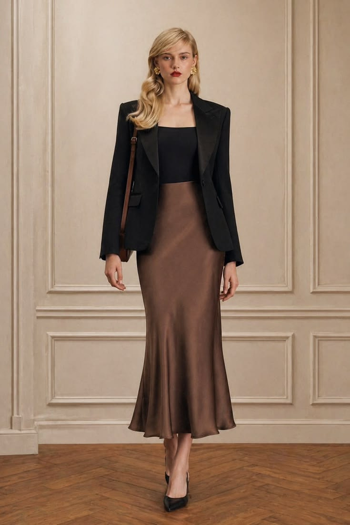 Black blazer and camisole paired with a chocolate-brown satin midi skirt, black pumps, and a slim shoulder bag.