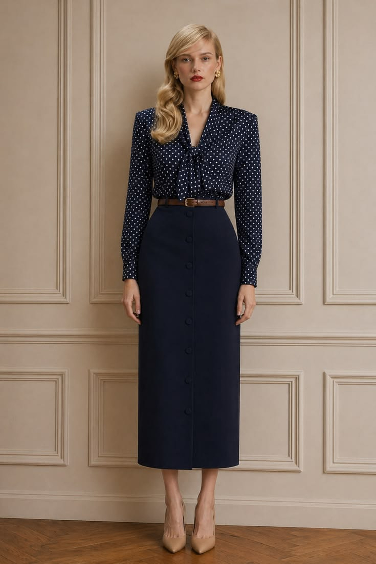 Navy polka-dot tie-neck blouse worn with a long navy button-front skirt, brown belt, and neutral pumps.