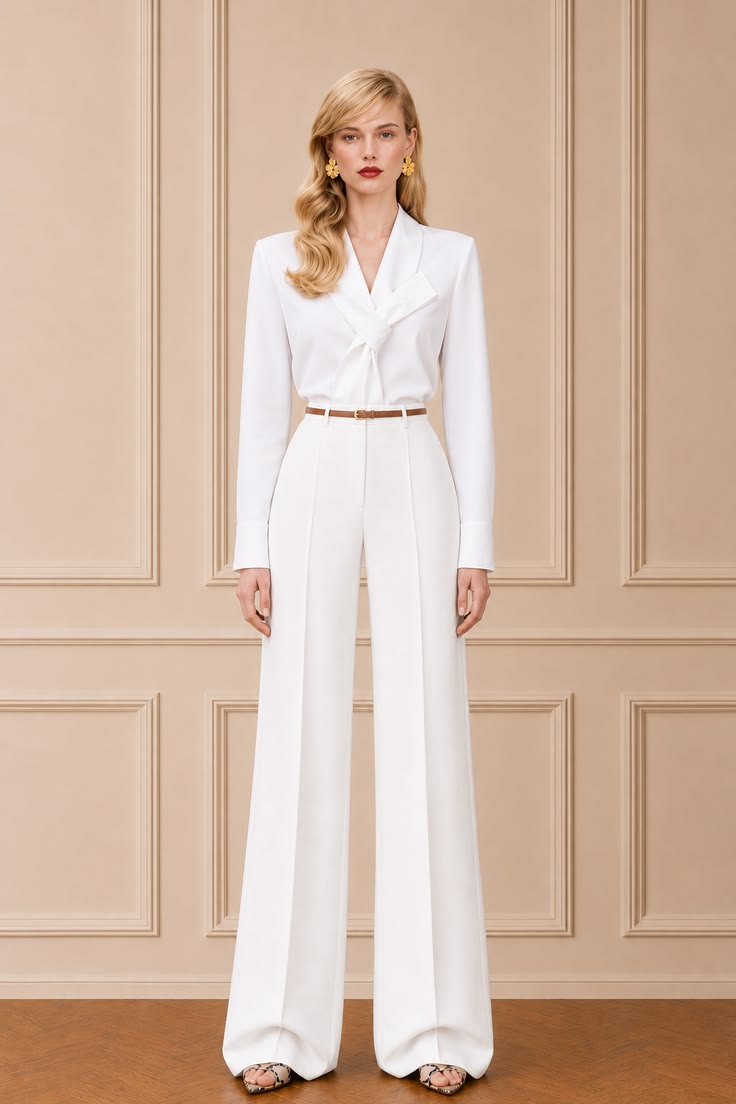 Monochrome white work outfit with a tailored blouse and white wide-leg trousers