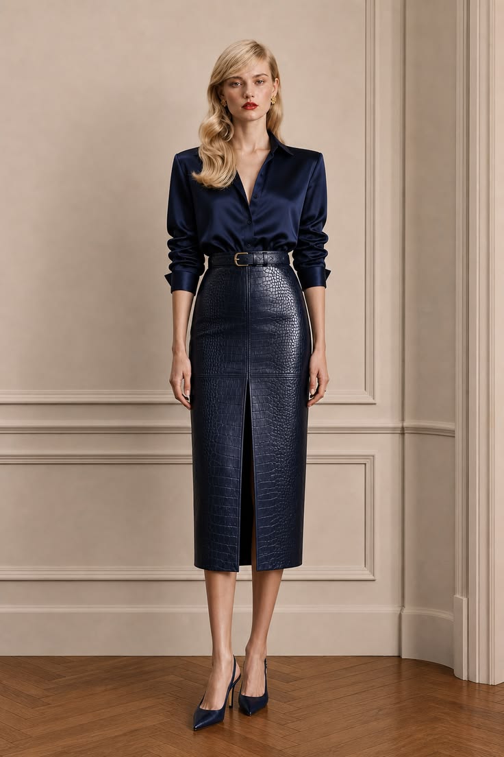 Navy satin shirt styled with a textured navy pencil skirt and pointed pumps