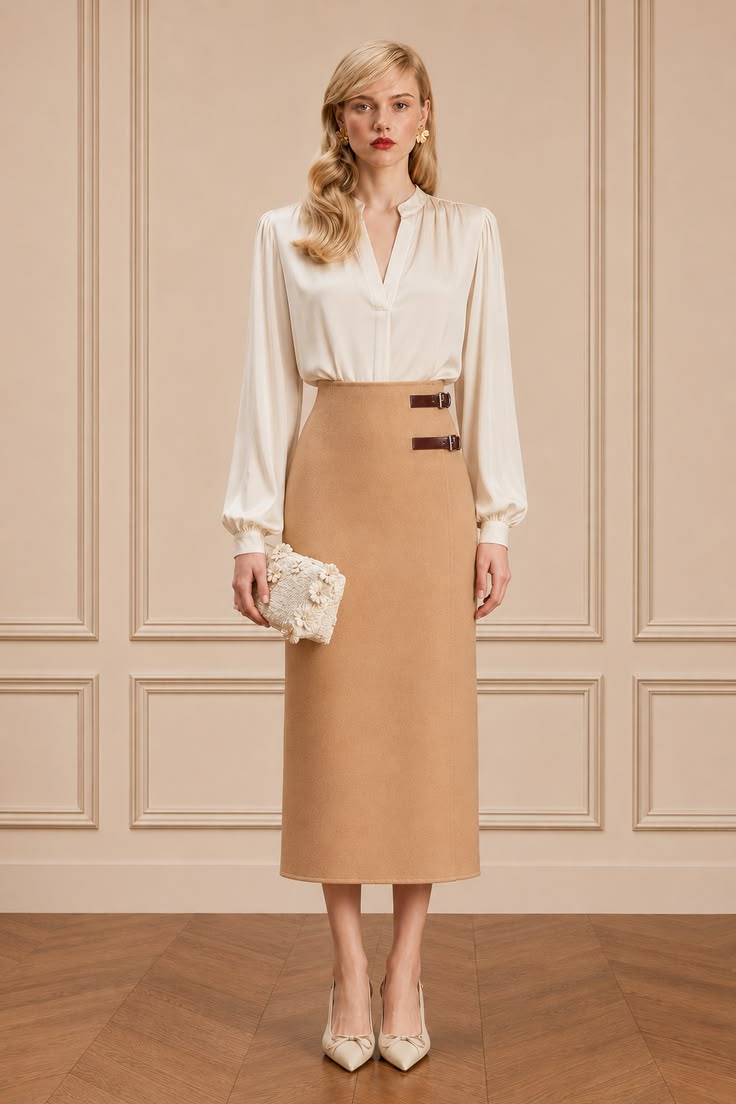 Ivory blouse styled with a camel wrap midi skirt and cream pointed shoes