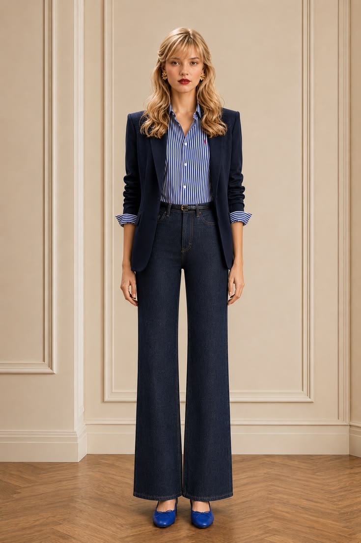 Navy blazer and blue striped shirt styled with dark wide-leg jeans and blue flats