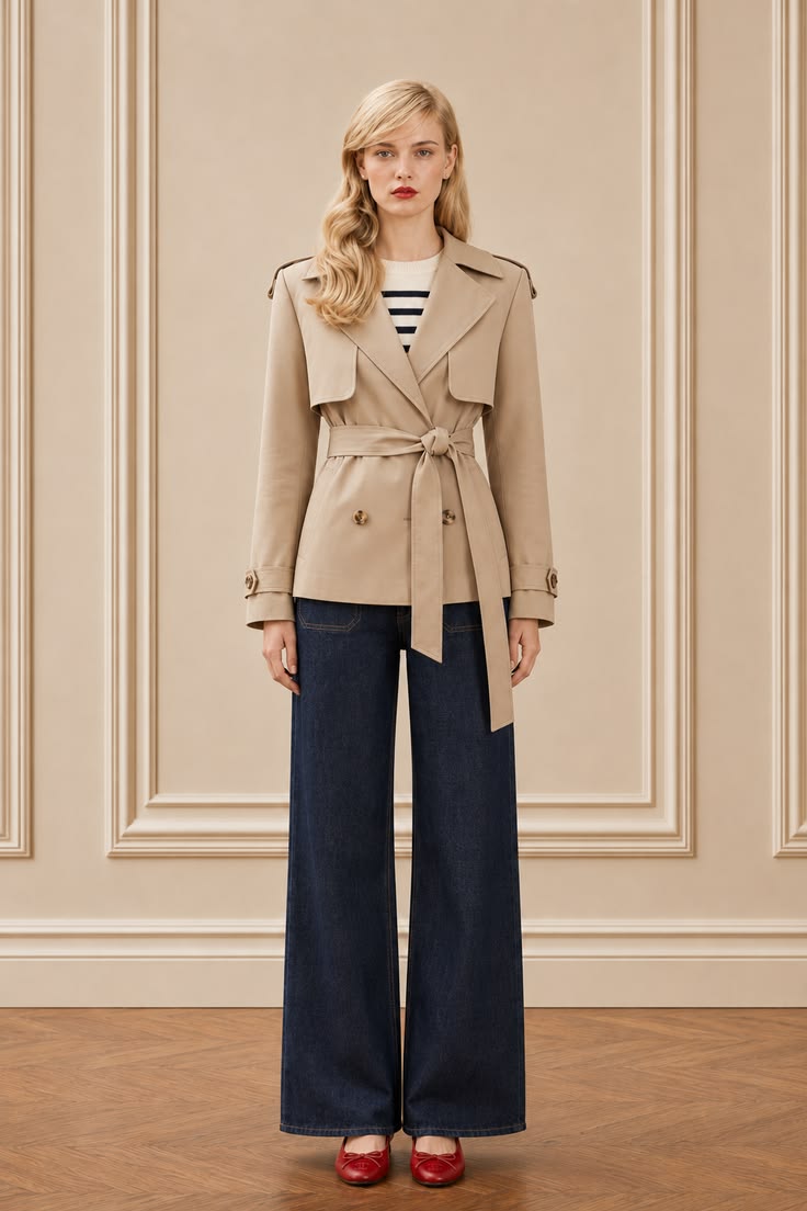 Short beige trench jacket over a Breton knit with dark wide-leg jeans and red flats