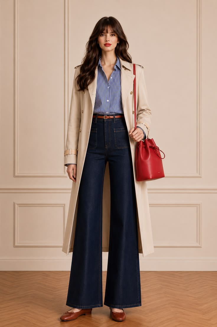 Long beige trench coat with a striped shirt, dark wide-leg jeans, and a red bucket bag