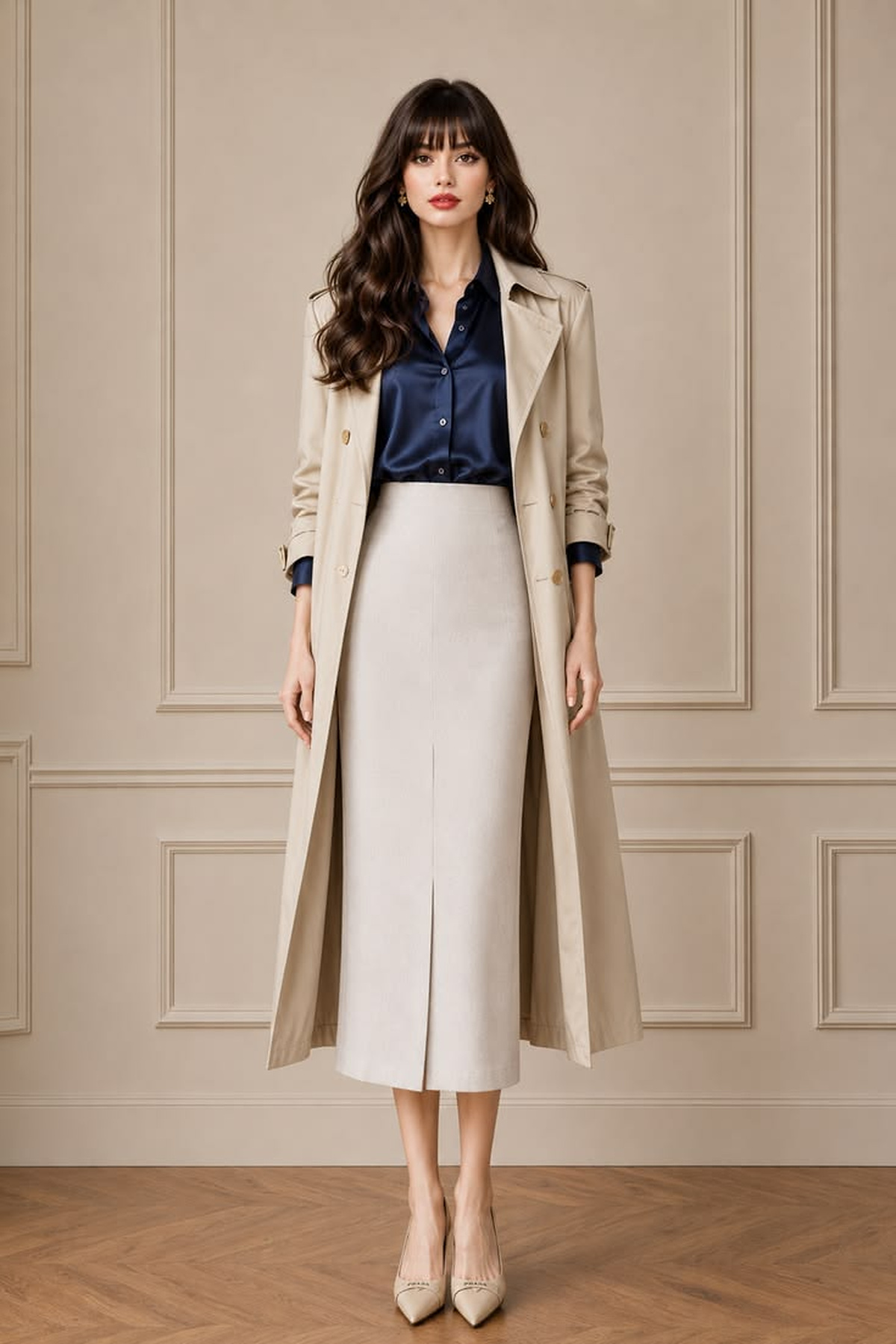 Polished workwear pieces arranged as a coordinated office capsule wardrobe.